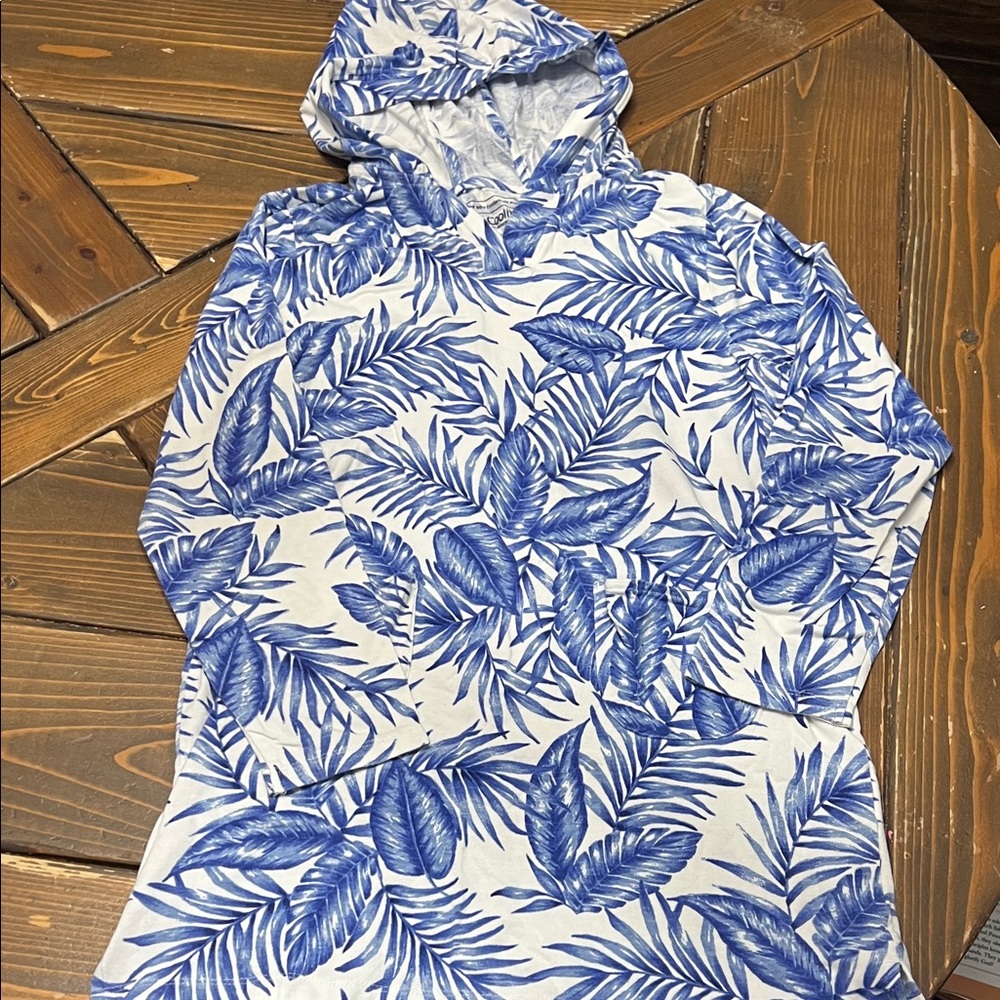 Coolibar Blue and White Leaf Print Cover-Up Dress